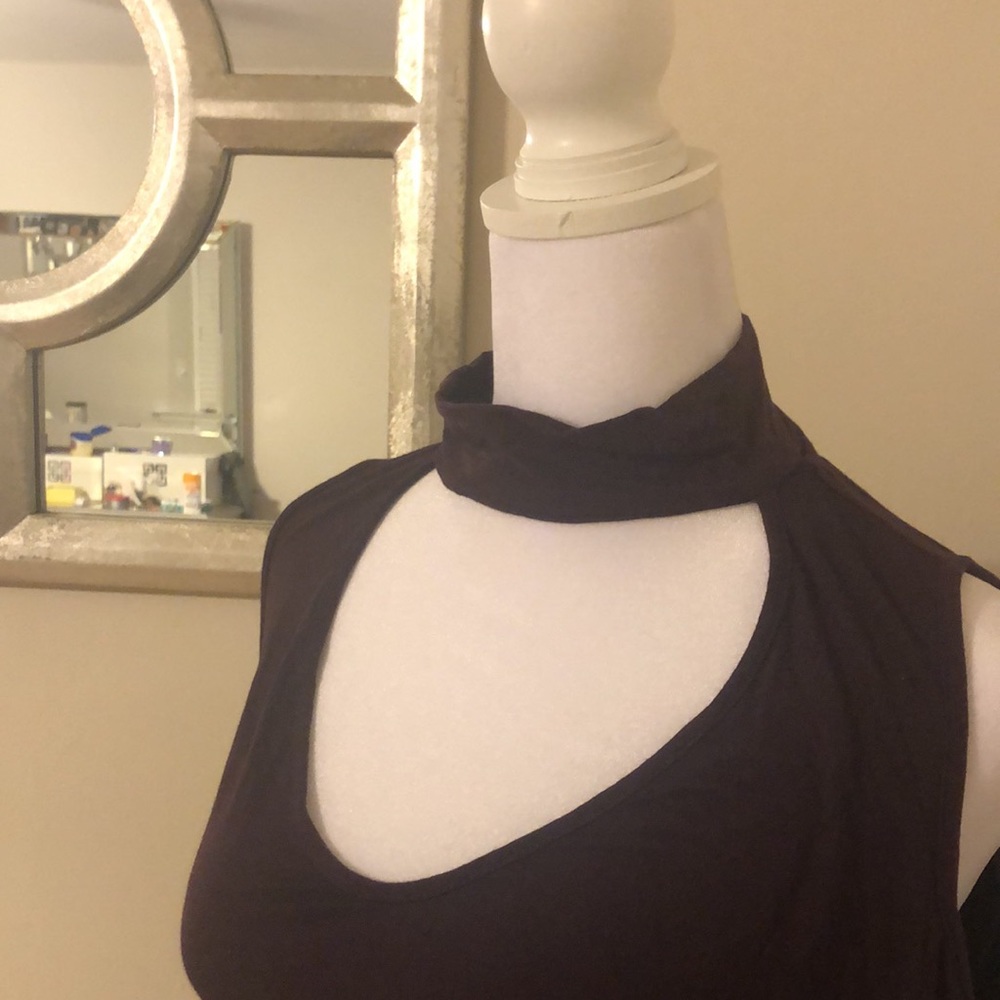 Mock neck, cold shoulder, v neck eggplant long sleeve top - Picture 4 of 4